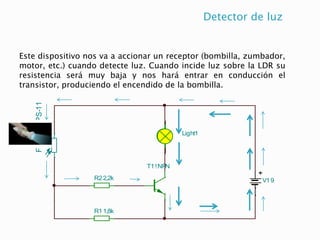 Detector de luz
Este dispositivo nos va a accionar un receptor (bombilla, zumbador,
motor, etc.) cuando detecte luz. Cuando incide luz sobre la LDR su
resistencia será muy baja y nos hará entrar en conducción el
transistor, produciendo el encendido de la bombilla.
V19
T1!NPN
R11,8k
Light1
R22,2k
FR1
NORPS-11
V19
T1!NPN
R11k
Light1
SW1
 