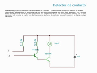 Detector de contacto
En este montaje, es suficiente tocar simultáneamente los contactos 1 y 2 con un dedo para que la bombilla se encienda.
La resistencia del dedo seco es tan grande que solo deja pasar una corriente muy débil. Para amplificar esta corriente
hemos de emplear un circuito que nos proporcione una amplificación mayor de la que podemos obtener con un solo
transistor. Este circuito se realiza con dos transistores. La forma de conectar los dos transistores se llama montaje
Darlington.
V19
T1!NPN
Light1
T2!NPN
R1
1,8k
R2
6,8k
1
2
 