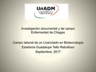 Investigación documental y de campo
Enfermedad de Chagas
Campo laboral de un Licenciado en Biotecnología
Estefanía Guadalupe Tello Rebolloso
Septiembre, 2017
 