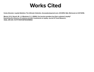 WorksCited
Carter,Brandon.LoyaltyStatistics:TheUltimateCollection.Accessdevelopment.com,2/4/2016.Web.Retrievedon2/27/2016.
Morais,D.B.,Dorsch,M.J.,&Backman,S.J.(2004). Cantourismprovidersbuytheircustomer'sloyalty?
Examiningtheinﬂuenceofcustomer-providerinvestmentsonloyalty. JournalofTravelResearch, 
42(3),235-243. 10.1177/0047287503258832
 