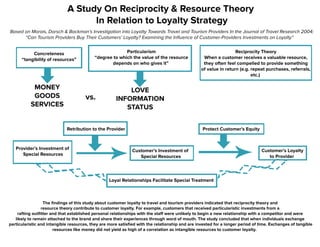 AStudyOnReciprocity&ResourceTheory
InRelationtoLoyaltyStrategy
BasedonMorais,Dorsch&Backman’sInvestigationintoLoyaltyTowardsTravelandTourismProvidersIntheJournalofTravelResearch2004:
“CanTourismProvidersBuyTheirCustomers’Loyalty?ExaminingtheInﬂuenceofCustomer-ProvidersInvestmentsonLoyalty”
Provider’sInvestmentof
SpecialResources
RetributiontotheProvider
Customer’sInvestmentof
SpecialResources
ProtectCustomer’sEquity
Customer’sLoyalty
toProvider
LoyalRelationshipsFacilitateSpecialTreatment
Concreteness
“tangibilityofresources”
ReciprocityTheory
Whenacustomerreceivesavaluableresource,
theyoftenfeelcompelledtoprovidesomething
ofvalueinreturn(e.g.repeatpurchases,referrals,
etc.)
Particularism
“degreetowhichthevalueoftheresource
dependsonwhogivesit”
LOVE
INFORMATION
STATUS
MONEY
GOODS
SERVICES
Theﬁndingsofthisstudyaboutcustomerloyaltytotravelandtourismprovidersindicatedthatreciprocitytheoryand
resourcetheorycontributetocustomerloyalty.Forexample,customersthatreceivedparticularisticinvestmentsfroma
raftingoutﬁtterandthatestablishedpersonalrelationshipswiththestaﬀwereunlikelytobeginanewrelationshipwithacompetitorandwere
likelytoremainattachedtothebrandandsharetheirexperiencesthroughwordofmouth.Thestudyconcludedthatwhenindividualsexchange
particularisticandintangibleresources,theyaremoresatisﬁedwiththerelationshipandareinvestedforalongerperiodoftime.Exchangesoftangible
resourcesliresourceslikemoneydidnotyieldashighofacorrelationasintangibleresourcestocustomerloyalty.
vs.
 