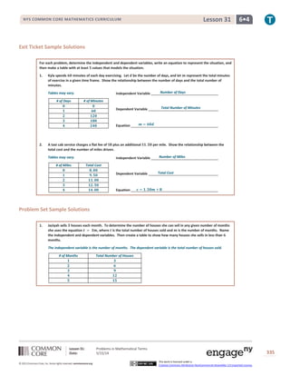 Lesson 31: Problems in Mathematical Terms
Date: 5/15/14 335
© 2013 Common Core, Inc. Some rights reserved. commoncore.org
This work is licensed under a
Creative Commons Attribution-NonCommercial-ShareAlike 3.0 Unported License.
NYS COMMON CORE MATHEMATICS CURRICULUM 6•4Lesson 31
Exit Ticket Sample Solutions
For each problem, determine the independent and dependent variables, write an equation to represent the situation, and
then make a table with at least 𝟓 values that models the situation.
1. Kyla spends 𝟔𝟎 minutes of each day exercising. Let 𝒅 be the number of days, and let 𝒎 represent the total minutes
of exercise in a given time frame. Show the relationship between the number of days and the total number of
minutes.
Tables may vary.
# of Days # of Minutes
𝟎 𝟎
𝟏 𝟔𝟎
𝟐 𝟏𝟐𝟎
𝟑 𝟏𝟖𝟎
𝟒 𝟐𝟒𝟎
2. A taxi cab service charges a flat fee of $𝟖 plus an additional $𝟏. 𝟓𝟎 per mile. Show the relationship between the
total cost and the number of miles driven.
Tables may vary.
# of Miles Total Cost
𝟎 𝟖. 𝟎𝟎
𝟏 𝟗. 𝟓𝟎
𝟐 𝟏𝟏. 𝟎𝟎
𝟑 𝟏𝟐. 𝟓𝟎
𝟒 𝟏𝟒. 𝟎𝟎
Problem Set Sample Solutions
1. Jaziyah sells 𝟑 houses each month. To determine the number of houses she can sell in any given number of months
she uses the equation 𝒕 = 𝟑𝒎, where 𝒕 is the total number of houses sold and 𝒎 is the number of months. Name
the independent and dependent variables. Then create a table to show how many houses she sells in less than 𝟔
months.
The independent variable is the number of months. The dependent variable is the total number of houses sold.
# of Months Total Number of Houses
𝟏 𝟑
𝟐 𝟔
𝟑 𝟗
𝟒 𝟏𝟐
𝟓 𝟏𝟓
Independent Variable
Dependent Variable
Equation 𝒄 = 𝟏. 𝟓𝟎𝒎 + 𝟖
Number of Miles
Total Cost
𝒎 = 𝟔𝟎𝒅
Number of Days
Total Number of Minutes
Independent Variable
Dependent Variable
Equation
 