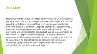 Adicción
Etapa representa lo que se conoce como “atracón”, Se caracteriza
por el acceso limitado a la droga, así, cuando se ingiere lo hará en
grandes cantidades. Esto nos lleva a un aumento de dopamina,
que contribuye a la adicción. Después aparece el “escalamiento”,
que es el aumento progresivo de la ingesta de azúcar, lo que
provocará una sensibilización conductual que es la exageración de
las conductas, especialmente motoras. La actividad motora
progresa a medida que el individuo se hace cada vez más adicto a
la sustancia; esta sensibilización se produce por cambios en
diferentes receptores y en áreas específicas del cerebro
principalmente opioides y dopaminérgicos.
 