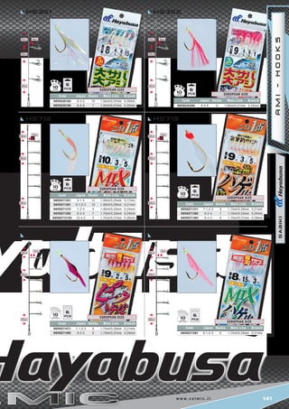 141w w w . c o l m i c . i t
8cm25cm
25cm
25cm
Code Japan Hooks Main Line Branch
HAYAS35163 6-3-5 10 1,50mt/0,37mm 0,29mm
HAYAS35184 8-4-8 7 1,50mt/0,47mm 0,33mm
EUROPEAN SIZE
Code Japan Hooks Main Line Branch
HAYAS71251 5-1-2 12 1,40mt/0,25mm 0,17mm
HAYAS71261 6-1,5-3 10 1,40mt/0,29mm 0,21mm
HAYAS71272 7-2-4 8 1,40mt/0,33mm 0,24mm
HAYAS71282 8-2-4 7 1,75mt/0,33mm 0,24mm
HAYAS712103 10-3-5 4 1,75mt/0,37mm 0,29mm
EUROPEAN SIZE
Code Japan Hooks Main Line Branch
HAYAS35294 9-4-8 6 1,00mt/0,47mm 0,33mm
EUROPEAN SIZE
6
10 6
10
6
10
6
10
5
10
6
10
8cm25cm
25cm
25cm
hs351
hs712
hs714
hs352
hs713
hs715
3cm
20cm
20cm
20cm
5cm
25cm
25cm
25cm
Code Japan Hooks Main Line Branch
HAYAS71471 7-1,5-3 8 1,75mt/0,29mm 0,21mm
HAYAS71492 9-2-5 6 1,75mt/0,37mm 0,24mm
EUROPEAN SIZE
Code Japan Hooks Main Line Branch
HAYAS71581 8-1,5-3 8 1,75mt/0,29mm 0,21mm
EUROPEAN SIZE
sabiki
3cm
20cm
20cm
20cm
5cm
25cm
25cm
25cm
Code Japan Hooks Main Line Branch
HAYAS71371 7-1,5-3 8 1,75mt/0,29mm 0,21mm
HAYAS71382 8-2-4 7 1,75mt/0,33mm 0,24mm
HAYAS71393 9-3-5 6 1,75mt/0,37mm 0,29mm
EUROPEAN SIZE
AMI-HOOKS
 