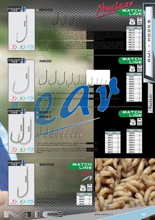 121w w w . c o l m i c . i t
1 2 4 6 8 10 12 14 16 18 20
8 10 12 14 16 18 20 22 24
18 20 22 24
NICKEL
NICKEL
bronze
BRONZE
NICKEL
8 10 12 14 16 18 20 22 24
Code Size
AMK01 1
AMK02 2
AMK04 4
AMK06 6
AMK08 8
AMK10 10
AMK12 12
AMK14 14
AMK16 16
AMK18 18
AMK20 20
Code Size
AMLL08 8
AMLL10 10
AMLL12 12
AMLL14 14
AMLL16 16
AMLL18 18
AMLL20 20
AMLL22 22
AMLL24 24
Code Size
AMA18 18
AMA20 20
AMA22 22
AMA24 24
Code Size
AMM08 8
AMM10 10
AMM12 12
AMM14 14
AMM16 16
AMM18 18
AMM20 20
AMM22 22
AMM24 24
NICKEL
Code Size
AMF08 8
AMF10 10
AMF12 12
AMF14 14
AMF16 16
AMF18 18
AMF20 20
AMF22 22
bronze
20
1510
10
2010
2010
ideal
for
n600
B2000
B957
N957
n1000
m at c h
l i n e
m at c h
l i n e
m at c h
l i n e
m at c h
l i n e
AMI-HOOKS
Colmic ve lo consiglia per la pesca ai ciprinidie per la pesca alla trota con l’innesco della camola o
del verme di terra.
Colmic recommends this hook; is ideal for rigging with waxworm, the medium sizes are excellent for
baiting with corn.
Il 957 è l’amo ideale per pesci difficili per i quali è necessario un innesco
che risulti sempre perfetto. Ottimo in acque dolci.
The 957 is the ideal hook for “difficult” fish for which the bait must always
be perfectly rigged to ensure it remains strong and vital. Excellent in inland
waters.
Ideale per alborella e gardon.
Ideal for bleak e gardon.
Amo dritto curva crystal di nuova generazione, acciaio al carbonio e punta affilata chimicamente. Nelle
misure più piccole, si presta egregiamente alla pesca del pesce minuto ed in quelle più grandi, può
tranquillamente essere utilizzato per una pesca generica, con terminali anche generosi. La lunghezza
del gambo poi, favorisce la fase di slamatura del pesce garantendo sempre una presa più salda. Molto
indicato, sempre nelle misure grandi, per la pesca veloce in gare di surf casting.
The N1000 is a new generation of CURVA CRYSTAL straight hook , made in carbon steel and chemically
sharpened. The smaller sizes are suitable for both tiny and bigger preys, allowing so, in between all fishing
techniques, a generic fishing, also with big rigs. The long shank makes it easier to disgorger the fishes, even
maintaining a strong grab. The bigger sizes are especially recommended for a quick fishing in surf casting
competitions.
 