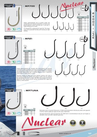 127w w w . c o l m i c . i t
6/0	 5/0	 4/0	 3/0	
2/0	 1/0	 1	 2	
7/0	 6/0	 5/0	
2/0 1/0 1 2 4
6 8 10 12
bronze
blacknickel
blacknickel Code Size
AM0700 2/0
AM0701 1/0
AM0702 1
AM0703 2
AM0704 4
AM0706 6
AM0708 8
AM0709 10
AM0710 12
5
5
5
5
10
10
10
10
10
Code Size
AM0100 6/0
AM0101 5/0
AM0102 4/0
AM0103 3/0
AM0104 2/0
AM0105 1/0
AM0110 1
AM0120 2
5
6
6
6
7
7
7
8
Code Size
AM0801 7/0
AM0802 6/0
AM0803 5/0
3
3
4
10
10
10
MR700
MRtuna
MR21
AMI-HOOKS
Ideato appositamente per le grandi prede del
surfcasting, rock fishing e bolentino. Le misure più
grandi possono essere utilizzate per il vivo, per il
Light Drifting con la sarda.
It’s designed for surfcasting for large fish. The larger
sizes can be used with live bait, with sardines for light
drifting.
Creato appositamente per resistere alle sollecitazioni più gravose,
si presta in modo particolare all’innesco di aguglie, cefali e calamari
vivi, pescando in mare, da terra o dalla barca. L’ MR21 si è rivelato
oltremodo valido anche per il drifting leggero e per il bolentino,
innescando la sarda intera o a pezzi.
Specially created to stand up to the heaviest stresses, this hook is
particularly suitable for baiting with garfish, mullet, and live calamari
for sea-fishing, from shore or boat. The MR21 has proved to be just as
effective for light drifting and for trolling rod fishing when rigged with
whole or chunk sardines.
Destinato a pesci di grandi dimensioni, il TUNA è particolarmente indicato per prede come appunto
il tonno, il pesce spada, gli squali, ed altri pesci importanti.
Specially destined for capturing large fish, the TUNA hook is recommended for tuna, for such targets as
swordfish, shark, and other important game fish.
 