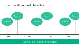 Launch and Learn with friendlies
Customer
Customer
Oct Nov Dec Jan
We will pull out all the stops!
Customer
Customer
Customer
Customer
 