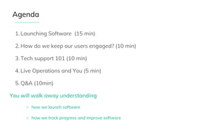 1. Launching Software (15 min)
2. How do we keep our users engaged? (10 min)
3. Tech support 101 (10 min)
4. Live Operations and You (5 min)
5. Q&A (10min)
You will walk away understanding
○ how we launch software
○ how we track progress and improve software
Agenda
 