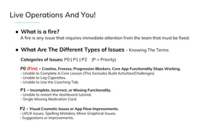 Live Operations And You!
● What is a fire?
P0 (Fire) - Crashes, Freezes, Progression Blockers, Core App Functionality Stops Working.
- Unable to Complete A Core Lesson (This Excludes Build Activities/Challenges)
- Unable to Log Cigarettes.
- Unable to Use the Coaching Tab.
P1 - Incomplete, Incorrect, or Missing Functionality.
- Unable to restart the dashboard tutorial.
- Single Missing Medication Card.
P2 - Visual Cosmetic Issues or App Flow Improvements.
- UI/UX issues, Spelling Mistakes, Minor Graphical Issues.
- Suggestions or Improvements.
● What Are The Different Types of Issues - Knowing The Terms
A fire is any issue that requires immediate attention from the team that must be fixed.
Categories of Issues: P0 | P1 | P2 (P = Priority)
 