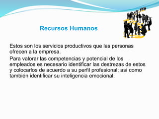 Recursos Humanos
Estos son los servicios productivos que las personas
ofrecen a la empresa.
Para valorar las competencias y potencial de los
empleados es necesario identificar las destrezas de estos
y colocarlos de acuerdo a su perfil profesional; así como
también identificar su inteligencia emocional.
 