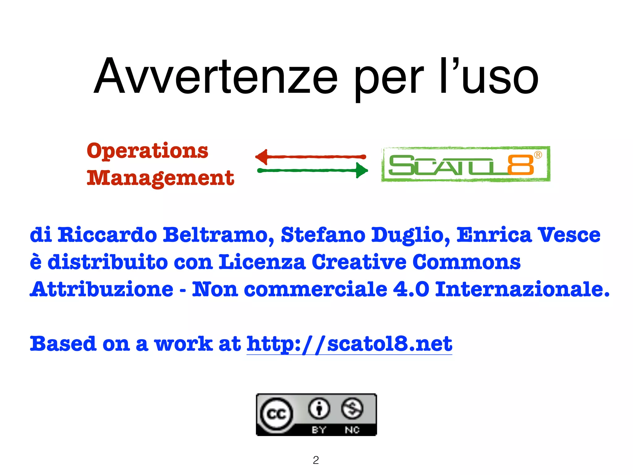 Avvertenze per l’uso
di Riccardo Beltramo, Stefano Duglio, Enrica Vesce
è distribuito con Licenza Creative Commons
Attribuzione - Non commerciale 4.0 Internazionale.
Based on a work at http://scatol8.net
2
Operations
Management
 