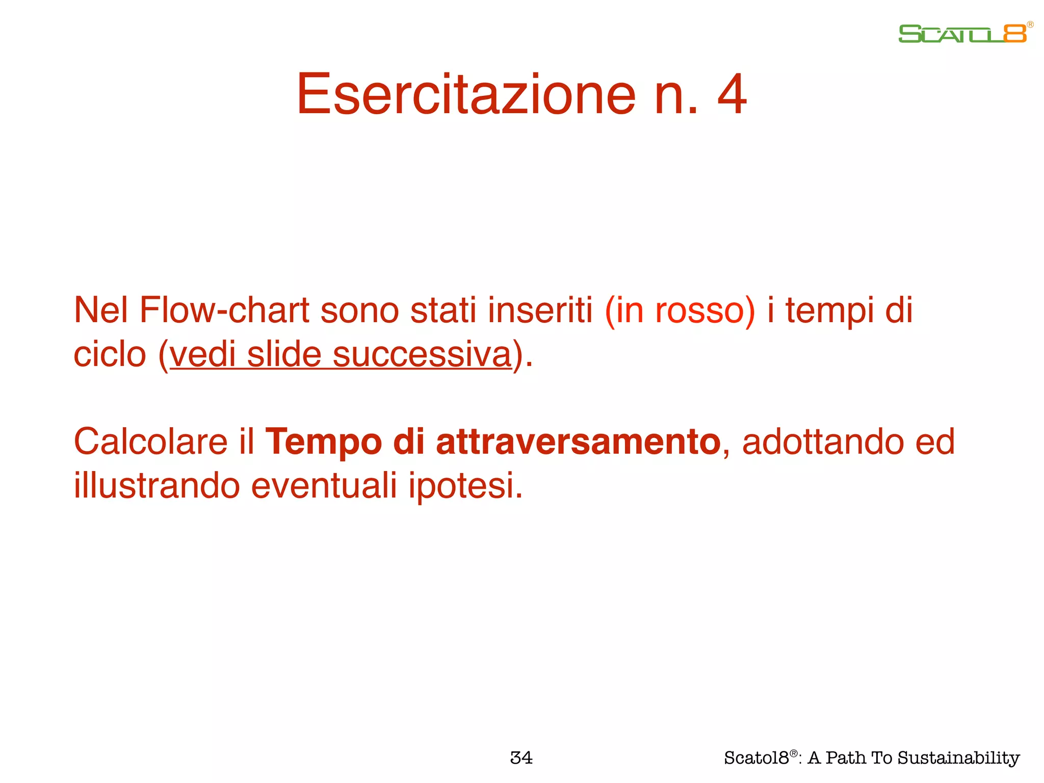 Nel Flow-chart sono stati inseriti (in rosso) i tempi di
ciclo (vedi slide successiva).
Calcolare il Tempo di attraversamento, adottando ed
illustrando eventuali ipotesi.
Esercitazione n. 4
34 Scatol8®
: A Path To Sustainability
 