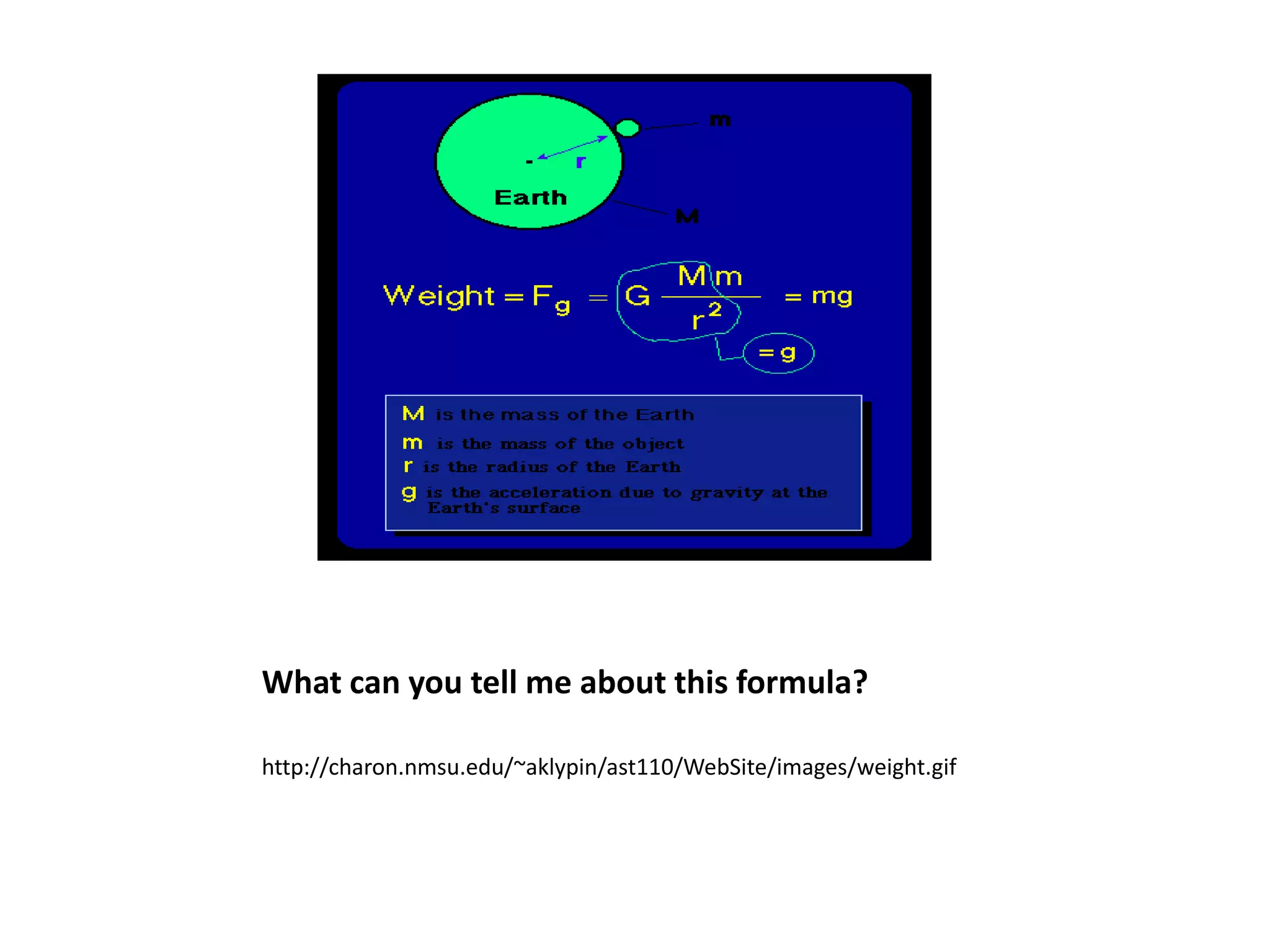 What can you tell me about this formula?

http://charon.nmsu.edu/~aklypin/ast110/WebSite/images/weight.gif
 