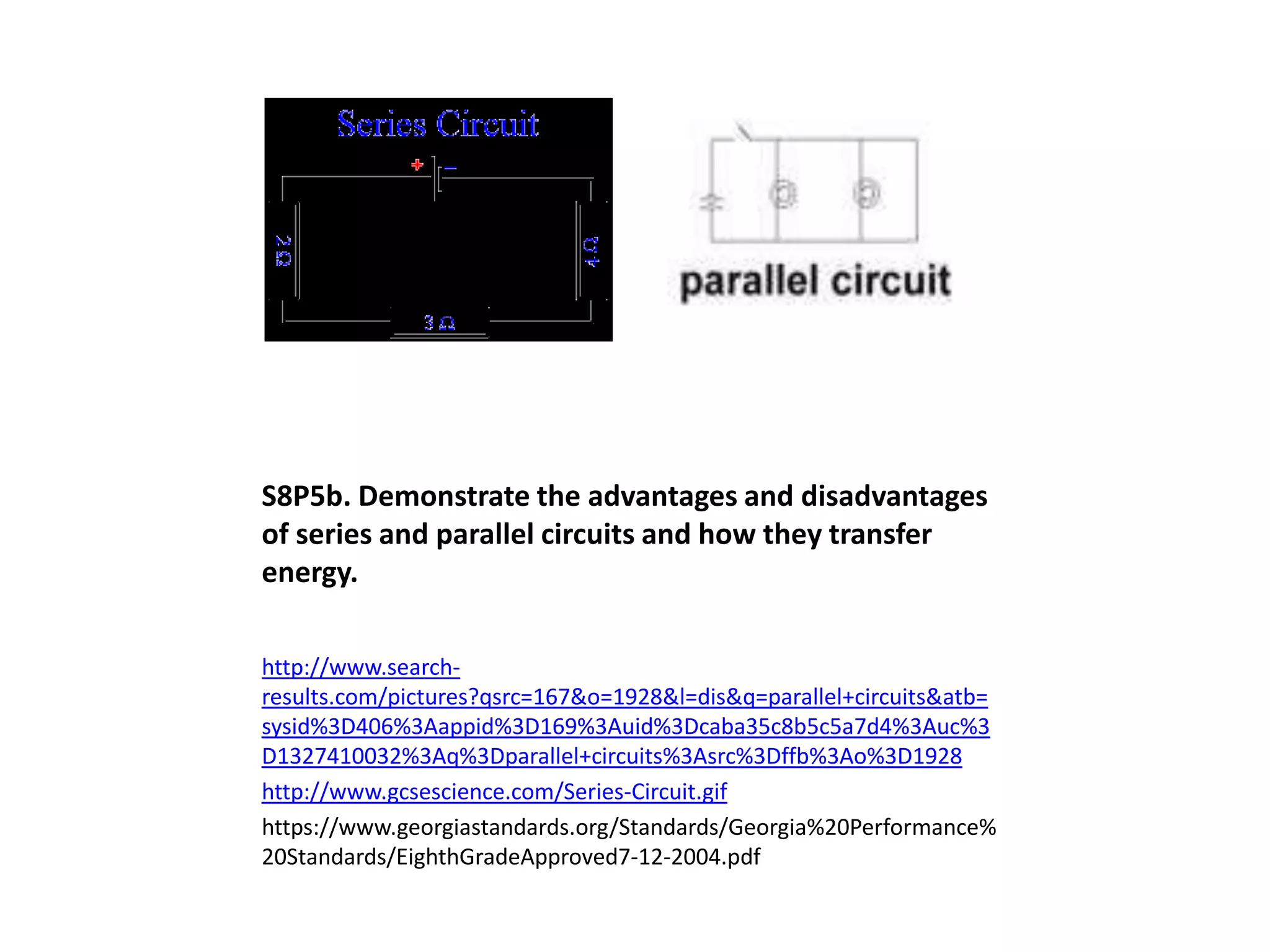 S8P5b. Demonstrate the advantages and disadvantages
of series and parallel circuits and how they transfer
energy.

http://www.search-
results.com/pictures?qsrc=167&o=1928&l=dis&q=parallel+circuits&atb=
sysid%3D406%3Aappid%3D169%3Auid%3Dcaba35c8b5c5a7d4%3Auc%3
D1327410032%3Aq%3Dparallel+circuits%3Asrc%3Dffb%3Ao%3D1928
http://www.gcsescience.com/Series-Circuit.gif
https://www.georgiastandards.org/Standards/Georgia%20Performance%
20Standards/EighthGradeApproved7-12-2004.pdf
 