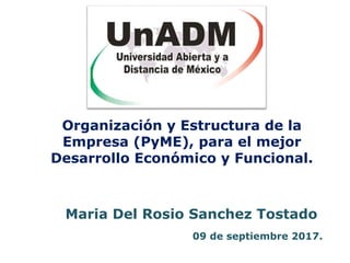 Organización y Estructura de la
Empresa (PyME), para el mejor
Desarrollo Económico y Funcional.
Maria Del Rosio Sanchez Tostado
09 de septiembre 2017.
 