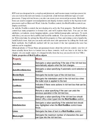 RTF text was designed to be a step beyond plain text, and because many word processors let
you save text in the rich text format, it can provide a link between different types of word
processors. Using rich text boxes, you also can create your own word processors. Rich text
boxes are used to support text manipulation and display features similar to the big-time word
processors such as Microsoft Word. Like the TextBox control, the RichTextBox control can
display scroll bars.
As with the TextBox control, the text displayed is set by the Text property. The RichTextBox
control has many properties to format text, and we'll explore them here. You can set font
attributes, set indents, create hanging indents, create bulleted paragraphs, and more. To work
with files, you can use the LoadFile and SaveFile methods. You can even use a RichTextBox
for Web-style links by setting the DetectUrls property to True and writing code to handle the
LinkClicked event. And you can undo and redo most edit operations by calling the Undo and
Redo methods; the CanRedo method will let you know if the last operation the user has
undone can be reapplied.
Although plenty of Visual Basic programmers know about the rich text control, very few of
them actually know how to format text in these controls; we'll see how to do that in this
chapter. (As you might expect, it's changed totally from the way you used to do it in VB6.)
Public properties of RichTextBox objects
 