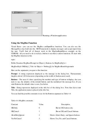Running a Windowsapplication.
Using the MsgBox Function
Visual Basic—you can use the MsgBox andInputBox functions. You can also use the
MessageBox class built into the .NETFramework to display messages and accept input from
the user. You'll find all of theseat work in the MsgAndInputBoxes example on the
CDROM—all you need to do is toclick a button to use these various functions. I'll start with
the MsgBox function in this
topic:
Public Function MsgBox(Prompt As Object [, Buttons As MsgBoxStyle =
MsgBoxStyle.OKOnly [, Title As Object = Nothing]]) As MsgBoxResultArguments
Here are the arguments you pass to this function:
Prompt—A string expression displayed as the message in the dialog box. Themaximum
length is about 1,024 characters (depending on the width of thecharacters used).
Buttons—The sum of values specifying the number and type of buttons todisplay, the icon
style to use, the identity of the default button, and the modalityof the message box. If you
omit Buttons, the default value is zero. See below.
Title—String expression displayed in the title bar of the dialog box. Note that ifyou omit
Title, the application name is placed in the title bar.
You can find the possible constants to use for the Buttons argument in Table 4.4.
Table 4.4: MsgBox constants.
Constant Value Description
OKOnly 0 Shows OK button only.
OKCancel 1 Shows OK and Cancel buttons.
AbortRetryIgnore 2 Shows Abort, Retry, and Ignore buttons.
YesNoCancel 3 Shows Yes, No, and Cancel buttons.
 