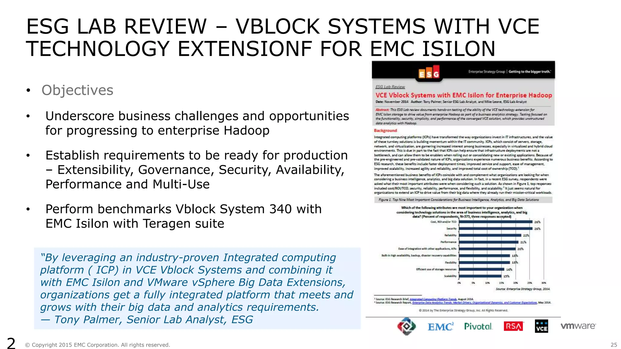 25© Copyright 2015 EMC Corporation. All rights reserved.
ESG LAB REVIEW – VBLOCK SYSTEMS WITH VCE
TECHNOLOGY EXTENSIONF FOR EMC ISILON
• Objectives
• Underscore business challenges and opportunities
for progressing to enterprise Hadoop
• Establish requirements to be ready for production
– Extensibility, Governance, Security, Availability,
Performance and Multi-Use
• Perform benchmarks Vblock System 340 with
EMC Isilon with Teragen suite
“By leveraging an industry-proven Integrated computing
platform ( ICP) in VCE Vblock Systems and combining it
with EMC Isilon and VMware vSphere Big Data Extensions,
organizations get a fully integrated platform that meets and
grows with their big data and analytics requirements.
— Tony Palmer, Senior Lab Analyst, ESG
 