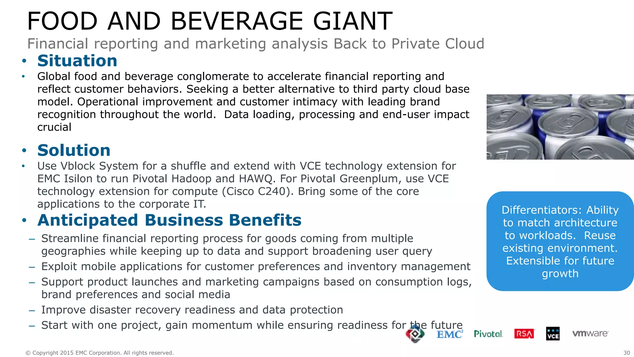 30© Copyright 2015 EMC Corporation. All rights reserved.
FOOD AND BEVERAGE GIANT
• Situation
• Global food and beverage conglomerate to accelerate financial reporting and
reflect customer behaviors. Seeking a better alternative to third party cloud base
model. Operational improvement and customer intimacy with leading brand
recognition throughout the world. Data loading, processing and end-user impact
crucial
• Solution
• Use Vblock System for a shuffle and extend with VCE technology extension for
EMC Isilon to run Pivotal Hadoop and HAWQ. For Pivotal Greenplum, use VCE
technology extension for compute (Cisco C240). Bring some of the core
applications to the corporate IT.
• Anticipated Business Benefits
– Streamline financial reporting process for goods coming from multiple
geographies while keeping up to data and support broadening user query
– Exploit mobile applications for customer preferences and inventory management
– Support product launches and marketing campaigns based on consumption logs,
brand preferences and social media
– Improve disaster recovery readiness and data protection
– Start with one project, gain momentum while ensuring readiness for the future
Financial reporting and marketing analysis Back to Private Cloud
Differentiators: Ability
to match architecture
to workloads. Reuse
existing environment.
Extensible for future
growth
 