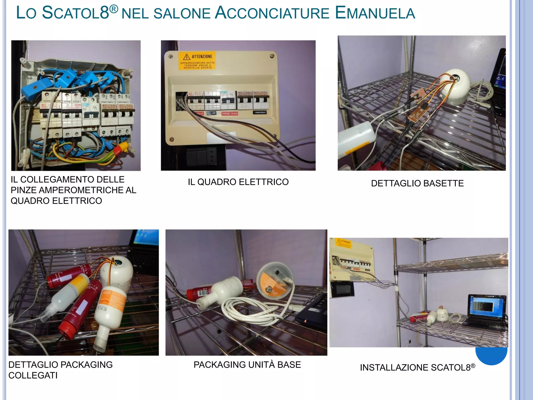 LO SCATOL8® NEL SALONE ACCONCIATURE EMANUELA
IL COLLEGAMENTO DELLE
PINZE AMPEROMETRICHE AL
QUADRO ELETTRICO
IL QUADRO ELETTRICO DETTAGLIO BASETTE
DETTAGLIO PACKAGING
COLLEGATI
PACKAGING UNITÀ BASE INSTALLAZIONE SCATOL8®
 