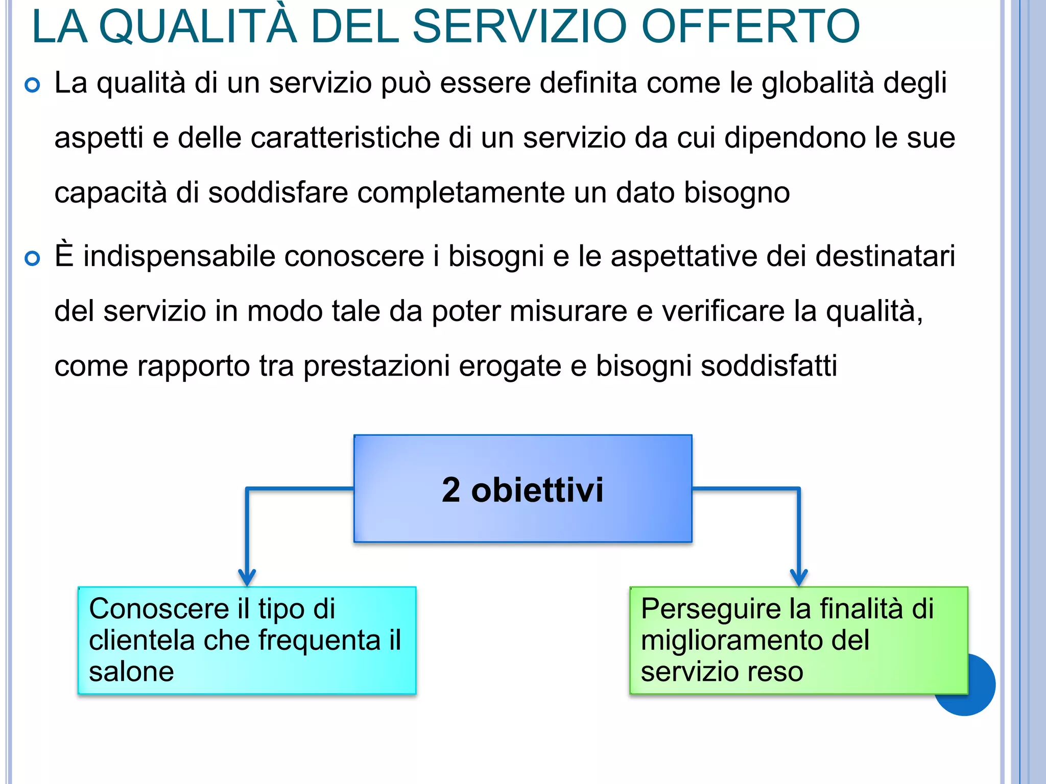 LA QUALITÀ DEL SERVIZIO OFFERTO
 La qualità di un servizio può essere definita come le globalità degli
aspetti e delle caratteristiche di un servizio da cui dipendono le sue
capacità di soddisfare completamente un dato bisogno
 È indispensabile conoscere i bisogni e le aspettative dei destinatari
del servizio in modo tale da poter misurare e verificare la qualità,
come rapporto tra prestazioni erogate e bisogni soddisfatti
2 obiettivi
Conoscere il tipo di
clientela che frequenta il
salone
Perseguire la finalità di
miglioramento del
servizio reso
 