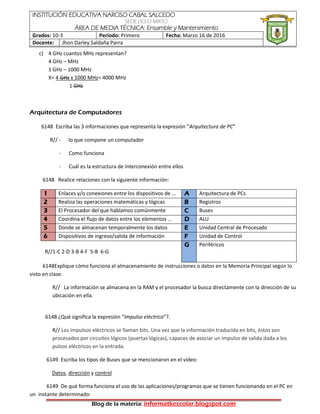 INSTITUCIÓN EDUCATIVA NARCISO CABAL SALCEDO
SEDE LICEO MIXTO
ÁREA DE MEDIA TÉCNICA: Ensamble y Mantenimiento
Grados: 10-3 Período: Primero Fecha: Marzo 16 de 2016
Docente: Jhon Darley Saldaña Parra
Blog de la materia: informatkescolar.blogspot.com
c) 4 GHz cuantos MHz representan?
4 GHz – MHz
1 GHz – 1000 MHz
X= 4 GHz x 1000 MHz= 4000 MHz
1 GHz
Arquitectura de Computadores
6148 Escriba las 3 informaciones que representa la expresión “Arquitectura de PC”
R// - lo que compone un computador
- Como funciona
- Cuál es la estructura de interconexión entre ellos
6148 Realice relaciones con la siguiente información:
1 Enlaces y/o conexiones entre los dispositivos de … A Arquitectura de PCs
2 Realiza las operaciones matemáticas y lógicas B Registros
3 El Procesador del que hablamos comúnmente C Buses
4 Coordina el flujo de datos entre los elementos … D ALU
5 Donde se almacenan temporalmente los datos E Unidad Central de Procesado
6 Dispositivos de ingreso/salida de información F Unidad de Control
R//1-C 2-D 3-B 4-F 5-B 6-G
G Periféricos
6148Explique cómo funciona el almacenamiento de instrucciones o datos en la Memoria Principal según lo
visto en clase.
R// La información se almacena en la RAM y el procesador la busca directamente con la dirección de su
ubicación en ella.
6148 ¿Qué significa la expresión “Impulso eléctrico”?.
R// Los impulsos eléctricos se llaman bits. Una vez que la información traducida en bits, éstos son
procesados por circuitos lógicos (puertas lógicas), capaces de asociar un impulso de salida dada a los
pulsos eléctricos en la entrada.
6149 Escriba los tipos de Buses que se mencionaron en el video:
Datos, dirección y control
6149 De qué forma funciona el uso de las aplicaciones/programas que se tienen funcionando en el PC en
un instante determinado:
 