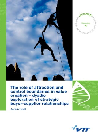 The role of attraction and control boundaries in
value creation – dyadic exploration of strategic
buyer-supplier relationships
ISBN 978-951-38-8292-1 (Soft back ed.)
ISBN 978-951-38-8293-8 (URL: http://www.vtt.ﬁ/publications/index.jsp)
ISSN-L 2242-119X
ISSN 2242-119X (Print)
ISSN 2242-1203 (Online)
VTTSCIENCE90Theroleofattractionandcontrolboundariesinvalue...
•VISIONS
•SCIENCE•
TECHNOLOGY•R
ESEARCHHIGHL
IGHTS
Dissertation
90
The role of attraction and
control boundaries in value
creation – dyadic
exploration of strategic
buyer-supplier relationships
Anna Aminoff
 