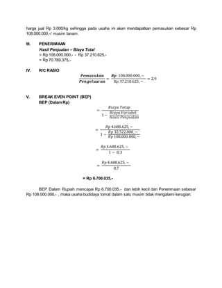 harga jual Rp 3.000/kg sehingga pada usaha ini akan mendapatkan pemasukan sebesar Rp
108.000.000,-/ musim tanam.
III. PENERIMAAN
Hasil Penjualan – Biaya Total
= Rp 108.000.000,- - Rp 37.210.625,-
= Rp 70.789.375,-
IV. R/C RASIO
𝑷𝒆𝒎𝒂𝒔𝒖𝒌𝒂𝒏
𝑷𝒆𝒏𝒈𝒆𝒍𝒖𝒂𝒓𝒂𝒏
=
𝑹𝒑 108.000.000,−
Rp 37.210.625,−
= 2.9
V. BREAK EVEN POINT (BEP)
BEP (Dalam Rp)
=
𝐵𝑖𝑎𝑦𝑎 𝑇𝑒𝑡𝑎𝑝
1 −
𝐵𝑖𝑎𝑦𝑎 𝑉𝑎𝑟𝑖𝑎𝑏𝑒𝑙
𝐻𝑎𝑠𝑖𝑙 𝑃𝑒𝑛𝑗𝑢𝑎𝑙𝑎𝑛
=
𝑅𝑝 4.688.625, −
1 −
𝑅𝑝 32.522.000,−
𝑅𝑝 108.000.000,−
=
𝑅𝑝 4.688.625, −
1 − 0,3
=
𝑅𝑝 4.688.625, −
0,7
= Rp 6.700.035,-
BEP Dalam Rupiah mencapai Rp 6.700.035,- dan lebih kecil dari Penerimaan sebesar
Rp 108.000.000,- , maka usaha budidaya tomat dalam satu musim tidak mengalami kerugian.
 