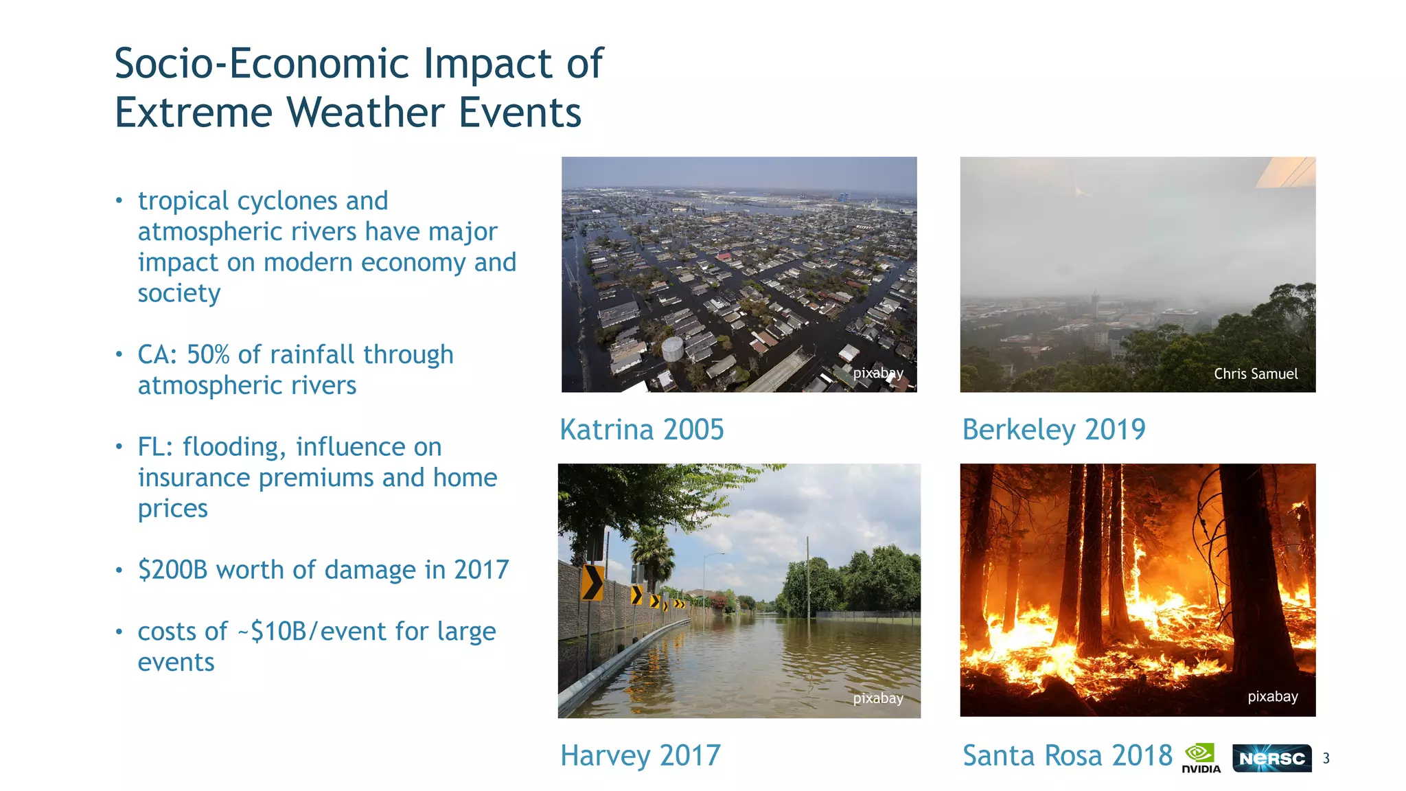 Socio-Economic Impact of
Extreme Weather Events
• tropical cyclones and
atmospheric rivers have major
impact on modern economy and
society
• CA: 50% of rainfall through
atmospheric rivers
• FL: flooding, influence on
insurance premiums and home
prices
• $200B worth of damage in 2017
• costs of ~$10B/event for large
events
3Harvey 2017
Katrina 2005 Berkeley 2019
Santa Rosa 2018
pixabay
pixabay Chris Samuel
pixabay
 