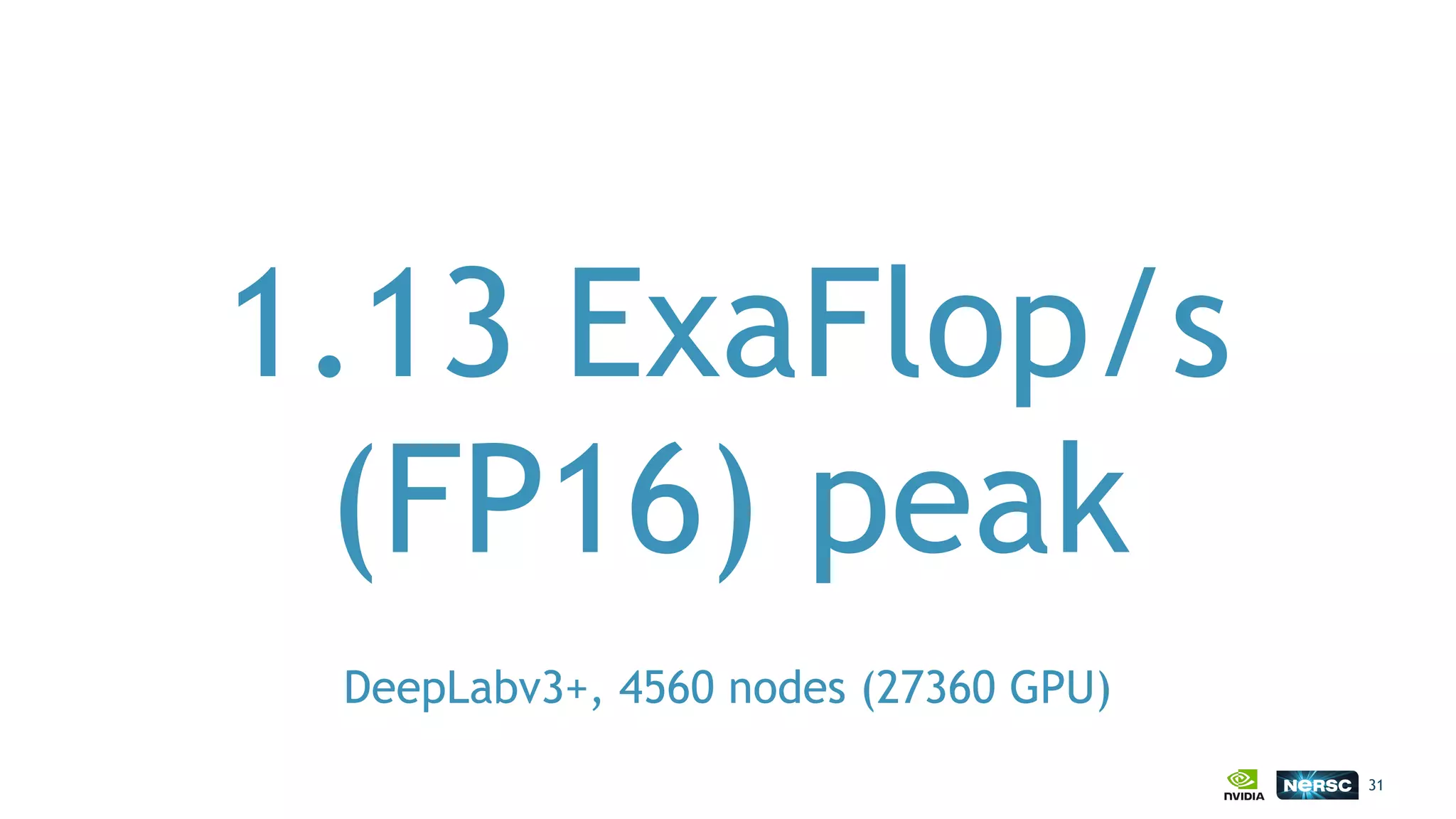 1.13 ExaFlop/s
(FP16) peak
31
DeepLabv3+, 4560 nodes (27360 GPU)
 