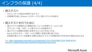 インフラの保護 (4/4)
• 侵入テスト
• 侵入テストを行うために
http://download.microsoft.com/download/C/A/1/CA1E438E-CE2F-4659-B1C9-
CB14917136B3/Penetration%20Test%20Questionnaire.docx
10
 