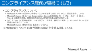 コンプライアンス確保が容易に (1/3)
• コンプライアンスについて
• Microsoft Azure は国際的な情報セキュリティ基準である ISO 27001 認証を取得している
• Microsoft Azure は Service Organization Control (SOC)レポート フレームワーク SOC 1
Type 2 の監査も実施。統制環境の設計および運用効果が証明されている
• SOC 2 Type 2 の監査も実施。セキュリティ、可用性、機密性に関連した Microsoft Azure 統制
環境の検証を行っている
• Microsoft Azure は毎年 SOC 監査を行っている
※Microsoft Azure は業界固有の認定を多数取得している
19
 
