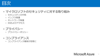 目次
• マイクロソフトのセキュリティに対する取り組み
• プライバシー
• コンプライアンス
3
 
