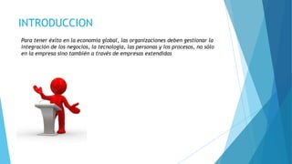 INTRODUCCION
Para tener éxito en la economía global, las organizaciones deben gestionar la
integración de los negocios, la tecnología, las personas y los procesos, no sólo
en la empresa sino también a través de empresas extendidas
 