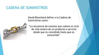CADENA DE SUMINISTROS
David Blanchard define a la Cadena de
Suministros como:
“La secuencia de eventos que cubren el ciclo
de vida entero de un producto o servicio
desde que es concebido hasta que es
consumido”
 
