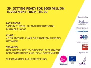 FACILITATOR:
SANDRA TURNER, EU AND INTERNATIONAL
MANAGER, NCVO
CHAIR:
ANITA PROSSER, CHAIR OF EUROPEAN FUNDING
NETWORK
SPEAKERS:
NICK DEXTER, DEPUTY DIRECTOR, DEPARTMENT
FOR COMMUNITIES AND LOCAL GOVERNMENT
SUE ORMISTON, BIG LOTTERY FUND
S9: GETTING READY FOR £600 MILLION
INVESTMENT FROM THE EU
 