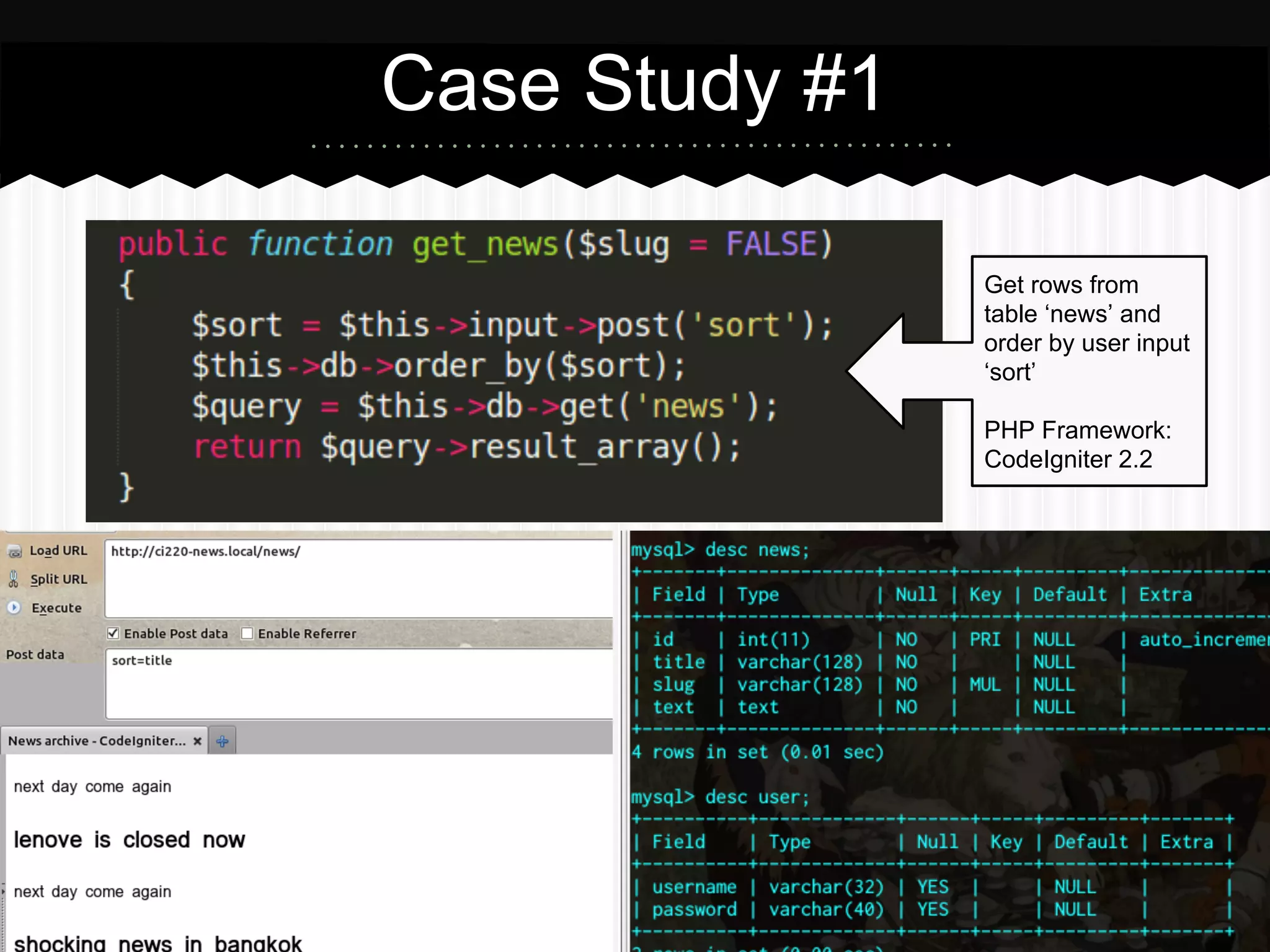 Case Study #1
Get rows from
table ‘news’ and
order by user input
‘sort’
PHP Framework:
CodeIgniter 2.2
 
