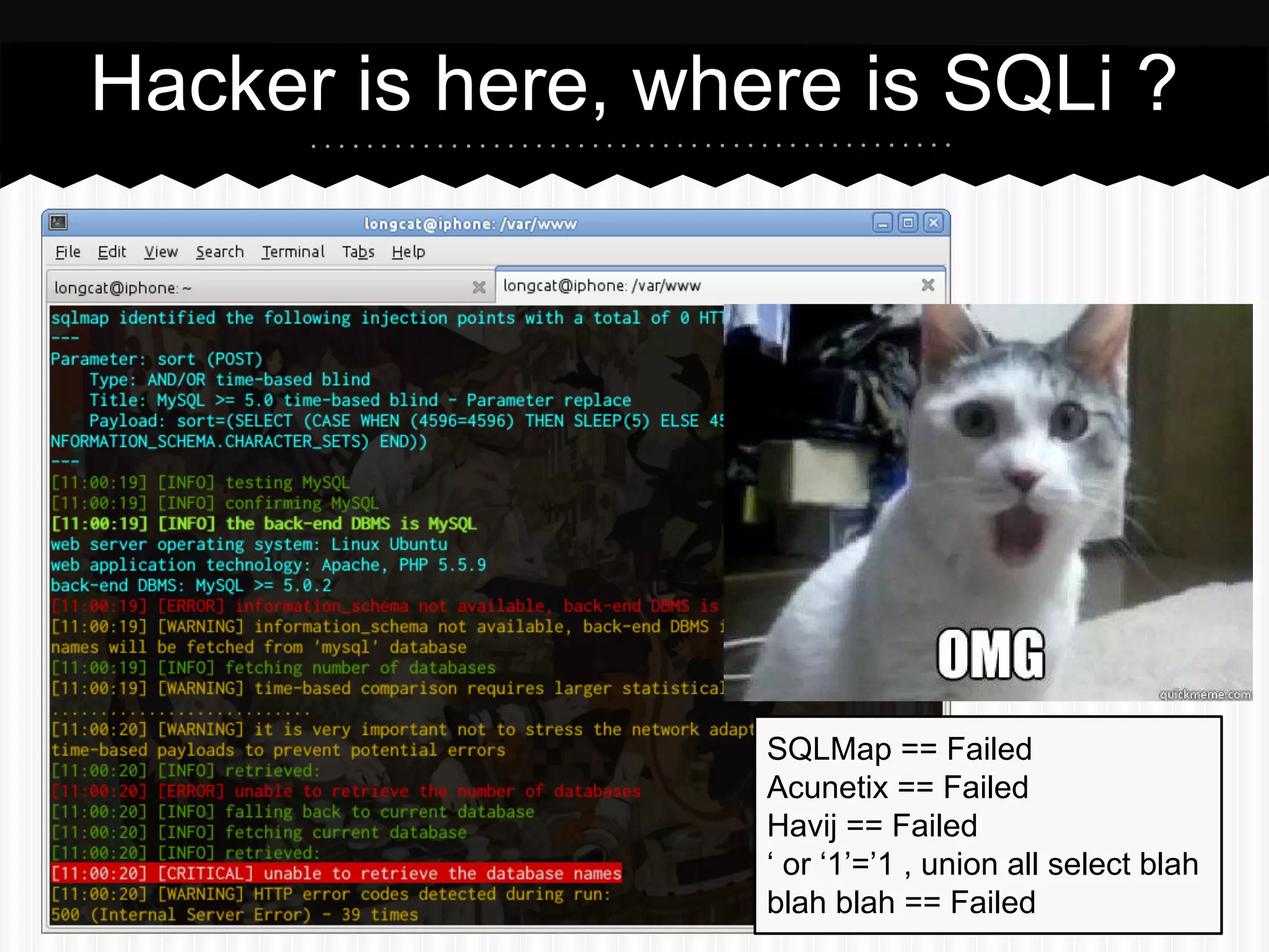 Hacker is here, where is SQLi ?
SQLMap == Failed
Acunetix == Failed
Havij == Failed
‘ or ‘1’=’1 , union all select blah
blah blah == Failed
 