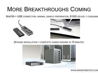 MORE BREAKTHROUGHS COMING
WWW.NANOPORETECH.COM
20-NODE INSTALLATION = COMPLETE HUMAN GENOME IN 15 MINUTES
MINION = USB CONNECTION, MINIMAL SAMPLE PREPARATION, $1000 DEVICE + CONSUMABLES
 