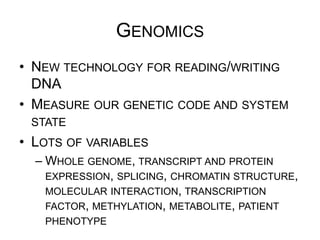 GENOMICS
•  NEW TECHNOLOGY FOR READING/WRITING DNA
•  MEASURE OUR GENETIC CODE AND SYSTEM STATE
•  LOTS OF VARIABLES
– WHOLE GENOME, TRANSCRIPT AND PROTEIN
EXPRESSION, SPLICING, CHROMATIN STRUCTURE,
MOLECULAR INTERACTION, TRANSCRIPTION FACTOR,
METHYLATION, METABOLITE, PATIENT PHENOTYPE
 