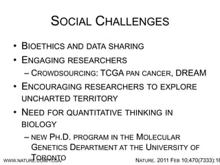 SOCIAL CHALLENGES
•  BIOETHICS AND DATA SHARING
•  ENGAGING RESEARCHERS
– CROWDSOURCING: TCGA PAN CANCER, DREAM
•  ENCOURAGING RESEARCHERS TO EXPLORE
UNCHARTED TERRITORY
•  NEED FOR QUANTITATIVE THINKING IN BIOLOGY
–  NEW PH.D. PROGRAM IN THE MOLECULAR GENETICS
DEPARTMENT AT THE UNIVERSITY OF TORONTO
NATURE. 2011 FEB 10;470(7333):163-5WWW.NATURE.COM/TCGA/
 