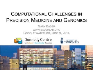 COMPUTATIONAL CHALLENGES IN
PRECISION MEDICINE AND GENOMICS
GARY BADER
WWW.BADERLAB.ORG
GOOGLE WATERLOO, JUNE 9, 2014
 