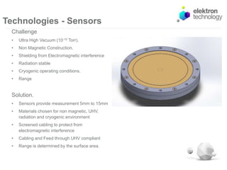 Technologies - Sensors
Challenge
• Ultra High Vacuum (10-10 Torr).
• Non Magnetic Construction.
• Shielding from Electromagnetic interference
• Radiation stable
• Cryogenic operating conditions.
• Range
Solution.
• Sensors provide measurement 5mm to 15mm
• Materials chosen for non magnetic, UHV,
radiation and cryogenic environment
• Screened cabling to protect from
electromagnetic interference
• Cabling and Feed through UHV compliant
• Range is determined by the surface area.
 