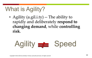 Copyright © 2013-2015 ScrumArabia. Portions used with permission. All rights reserved 12
• Agility (a.gil.i.ty) -- The ability to
rapidly and deliberately respond to
changing demand, while controlling
risk.
What is Agility?
Agility Speed
 