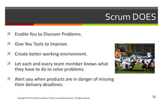 Copyright © 2013-2015 ScrumArabia. Portions used with permission. All rights reserved 22
Scrum DOES
 Enable You to Discover Problems.
 Give You Tools to Improve.
 Create better working environment.
 Let each and every team member knows what
they have to do to solve problems.
 Alert you when products are in danger of missing
their delivery deadlines.
 