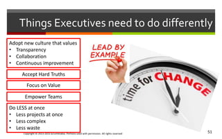 Copyright © 2013-2015 ScrumArabia. Portions used with permission. All rights reserved 51
Things Executives need to do differently
Focus on Value
Accept Hard Truths
Empower Teams
Do LESS at once
• Less projects at once
• Less complex
• Less waste
Adopt new culture that values
• Transparency
• Collaboration
• Continuous improvement
 