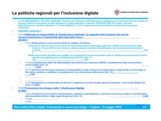 Reti mediali Reti solidali: Volontariato e nuove tecnologie – Cagliari, 15 maggio 2010 14
Le politiche regionali per l’inclusione digitale
• La DELIBERAZIONE N. 30/18 DEL 30/06/2009 “Direttive per l’attuazione dell’intervento di realizzazione sul territorio di centri pubblici di
accesso (internet point presso scuole, biblioteche, luoghi associativi in genere). POR FESR 2007-2013 Asse I “Società
dell’informazione” obiettivo operativo 1.1.3 linea di attività 1.1.3.a” ha approvato le linee d’indirizzo e destinato le risorse per
l’intervento.
• Obiettivi operativi:
• 1.1.1 Rafforzare la disponibilità di infrastrutture abilitanti, la capacità nella fruizione dei servizi
d’interconnessione e l'operatività dello Sportello Unico
(29.861):
> 1.1.1.a Realizzazione di nuovi servizi online per cittadini ed imprese:
Creazione di ulteriori serizi on line anche a fronte dell’attuazione della legge regionale n.9/2006 di decentramento delle
funzioni in favore diProvince e Comuni e della necessaria attività di semplificazione dei procedimentiamministrativi
(Cod.13)____________________________________________________________________________________________9.00
0
Realizzazione dello sportello unico appalti, con erogazione di servizi accessibili a tutte le pubbliche amministrazioni locali e
agli altri enti aggiudicatori e consolidamento del CAT (Cod. 13-
14)___________________________________________3.861
> 1.1.1.b Completamento della rete della pubblica amministrazione, estensione SIBAR, completamento flussi documentali e
archivi digitali (Cod. 12)
8.000
> 1.1.1.c Interventi per favorire la creazione e la disponibilità in tutto il territorio di infrastrutture a larga banda con tecnologia in
fibra ottica, wireless o satellitare e completamento rete a banda larga nelle scuole (Cod. 10)_______________________
____6.000
> ………………………
> ………………………
> 1.1.1.f Realizzazione di infrastrutture di rete per l' erogazione di servizi a livello regionale attraverso i nuovi media (Digital TV)
(Cod. 11) 5.000
• 1.1.2 Promuovere lo sviluppo della ”cittadinanza digitale
(8.500):
> 1.1.2.a Promozione di strumenti di partecipazione, mediante canali telematici, ai processi di decisione politica e amministrativa
delle assemblee elettive e degli organi di governo (Cod. 13) 5.000
> 1.1.2.b…………………………………
> 1.1.2.c …………………..
(segue….)
 