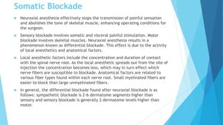 Somatic Blockade
 Neuraxial anesthesia effectively stops the transmission of painful sensation
and abolishes the tone of skeletal muscle, enhancing operating conditions for
the surgeon.
 Sensory blockade involves somatic and visceral painful stimulation. Motor
blockade involves skeletal muscles. Neuraxial anesthesia results in a
phenomenon known as differential blockade. This effect is due to the activity
of local anesthetics and anatomical factors.
 Local anesthetic factors include the concentration and duration of contact
with the spinal nerve root. As the local anesthetic spreads out from the site of
injection the concentration becomes less, which may in turn effect which
nerve fibers are susceptible to blockade. Anatomical factors are related to
various fiber types found within each nerve root. Small myelinated fibers are
easier to block than large unmyelinated fibers.
 In general, the differential blockade found after neuraxial blockade is as
follows: sympathetic blockade is 2-6 dermatome segments higher than
sensory and sensory blockade is generally 2 dermatome levels higher than
motor.
 