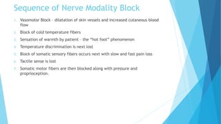 Sequence of Nerve Modality Block
1. Vasomotor Block – dilatation of skin vessels and increased cutaneous blood
flow
2. Block of cold temperature fibers
3. Sensation of warmth by patient – the “hot foot” phenomenon
4. Temperature discrimination is next lost
5. Block of somatic sensory fibers occurs next with slow and fast pain loss
6. Tactile sense is lost
7. Somatic motor fibers are then blocked along with pressure and
proprioception.
 