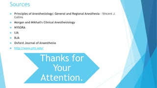 Sources
 Principles of Anesthesiology: General and Regional Anesthesia - Vincent J.
Collins
 Morgan and Mikhail's Clinical Anesthesiology
 NYSORA
 IJA
 BJA
 Oxford Journal of Anaesthesia
 http://www.pitt.edu/
Thanks for
Your
Attention.
 